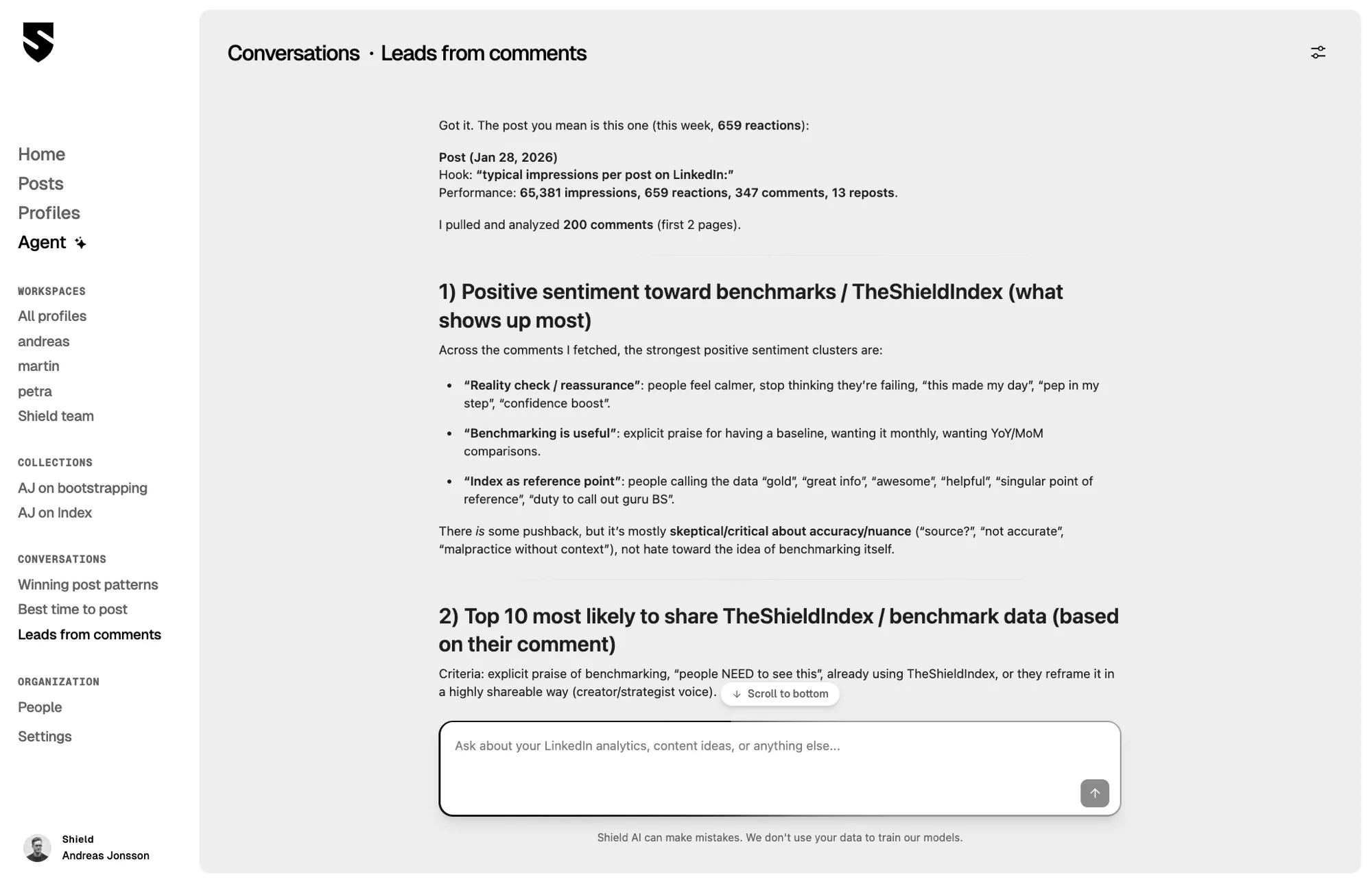 Shield Agent showing lead generation insights