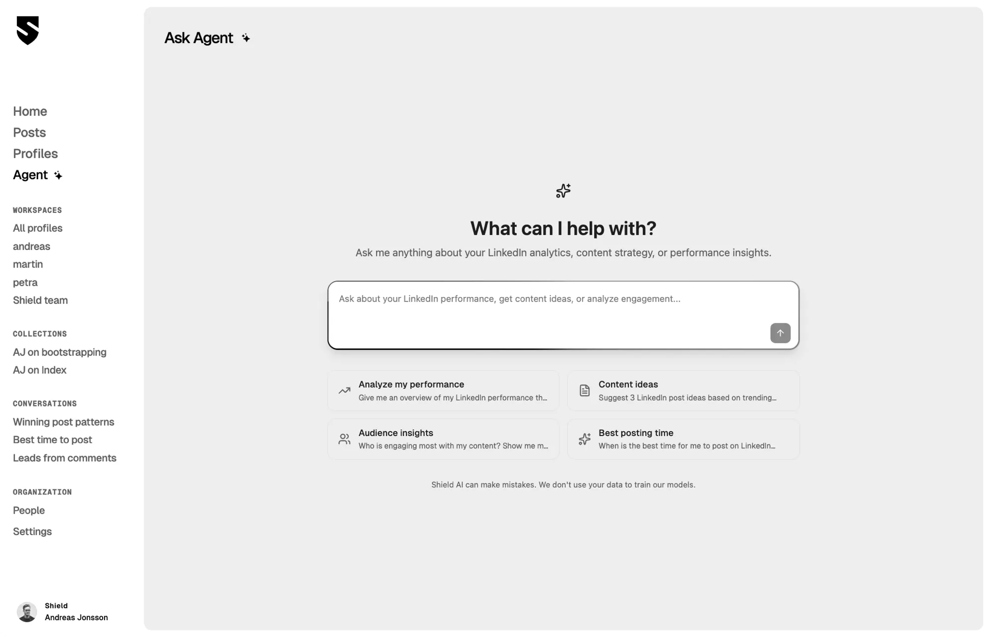 Shield Agent interface showing a conversation with the AI assistant